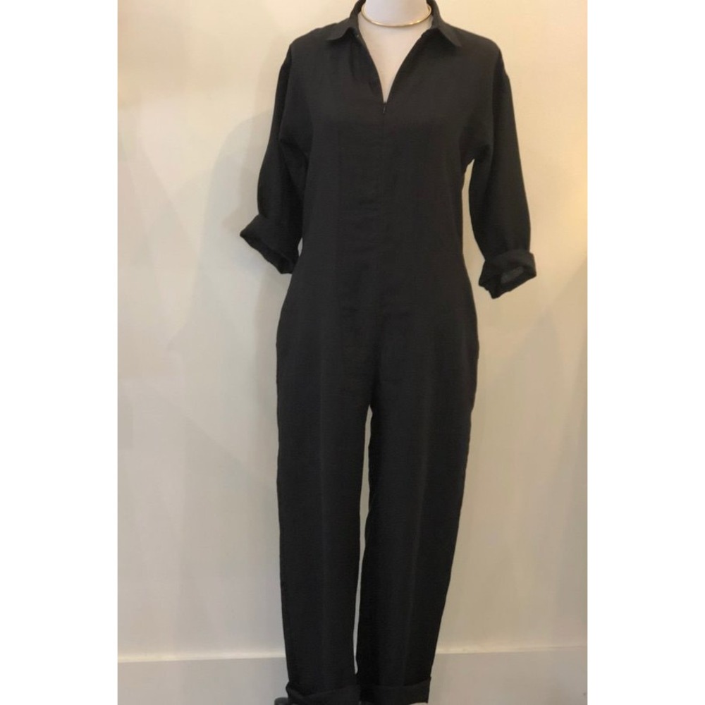 Beatrice Valenzuela Black Linen Long Sleeve Zip Front Jumpsuit Size 2